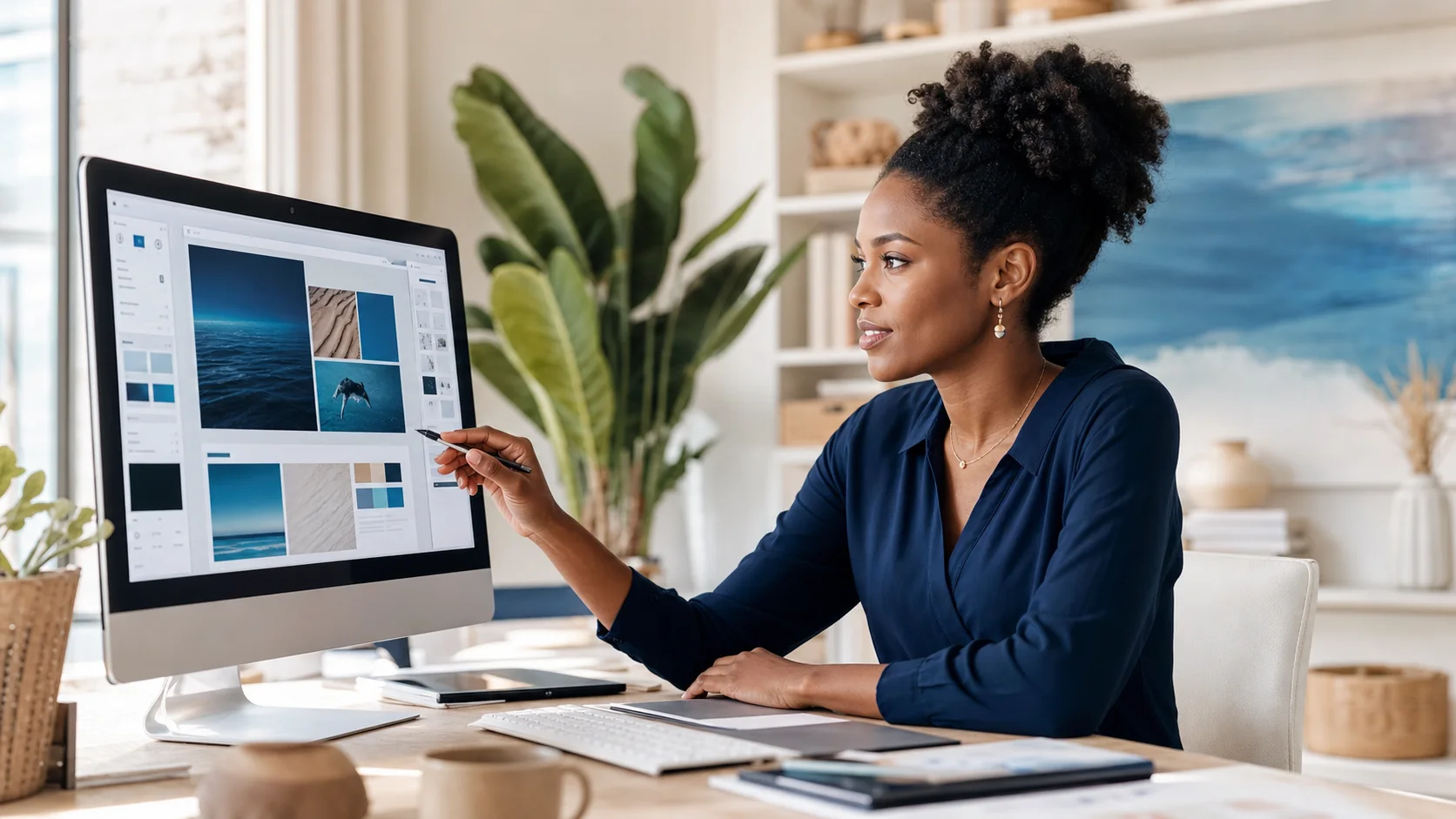Une entrepreneure affine visuellement son site professionnel