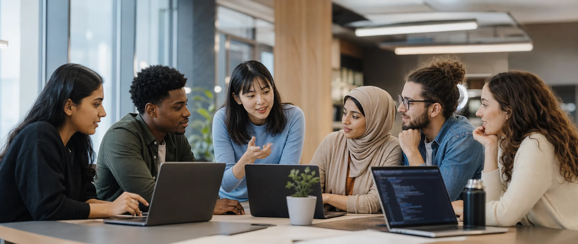 Des apprenants développeurs de différentes origines collaborent dans une academy moderne