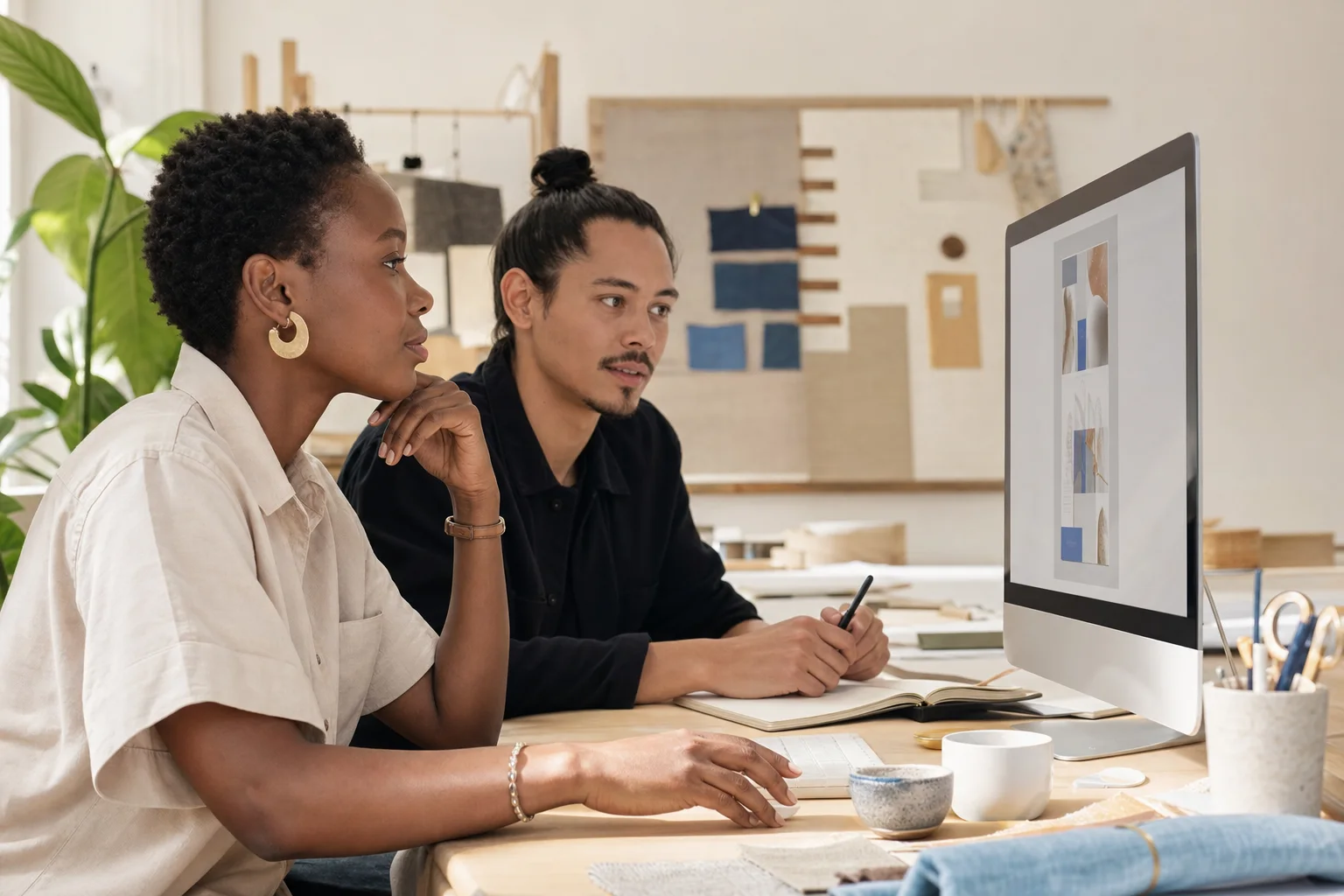 Une entrepreneure et un designer évaluent une maquette de site